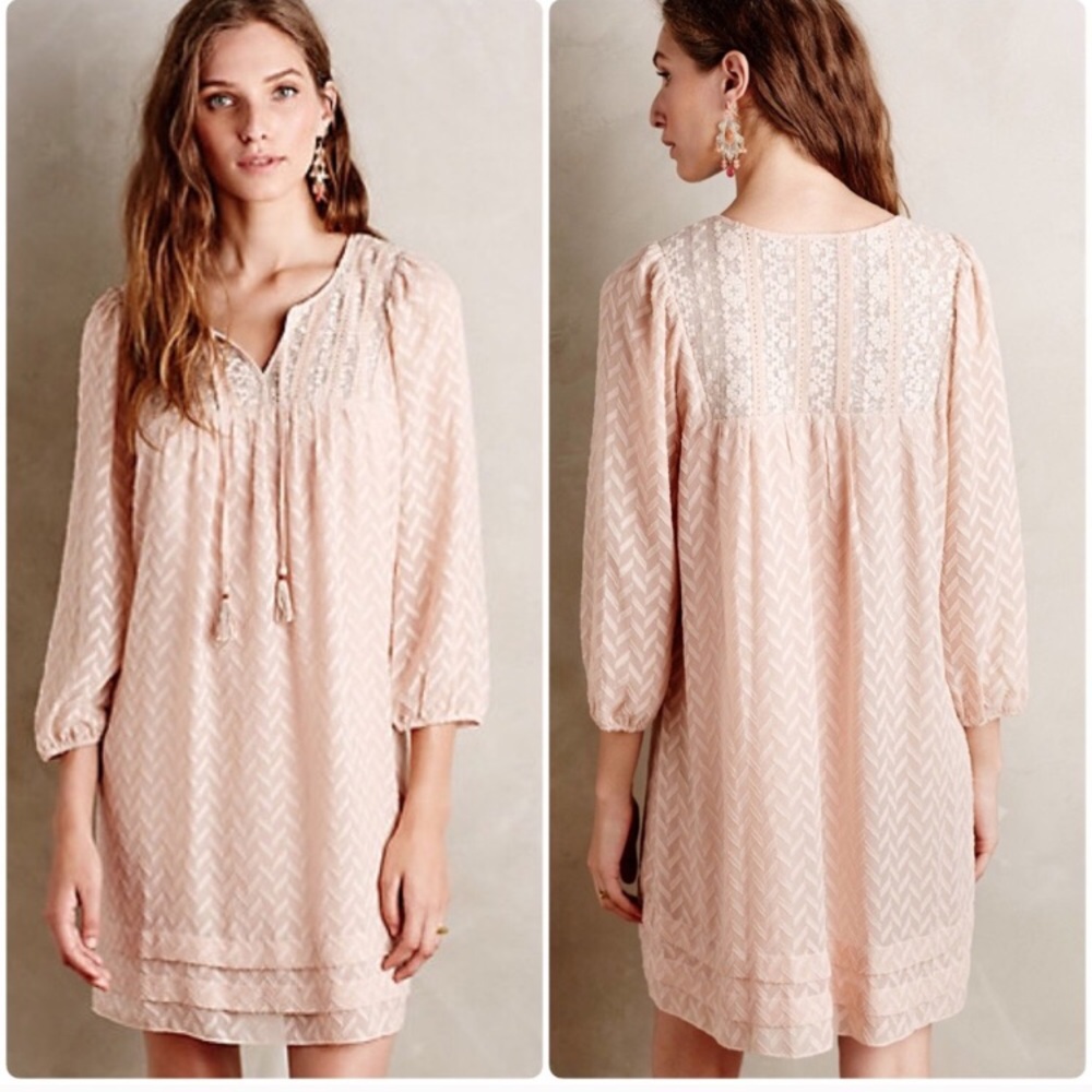 Anthropologie Blush Pink Mini Dress with Lace Yoke